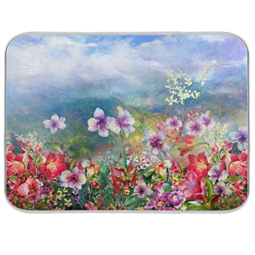 Absorbent Dish Drying Mat for Kitchen Counter - Pink Spring Blooming Flowers Microfiber Drying Pad, Reversible Drainer Mats for Countertop, Medium 16 x 18 inch - color: 23 Colorful spring flowers, size: M