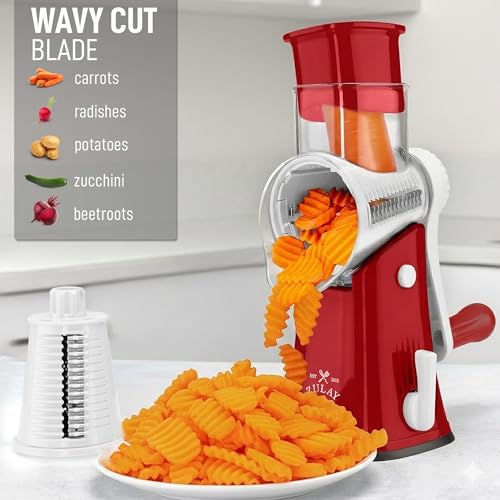 Zulay Kitchen Rotary Cheese Grater 5 Blade Cheese Shredder - Manual Hand Crank Cheese Grater With Reinforced Suction & 5 Interchangeable Drums - Easy to Use, Vegetable Chopper Round Mandoline Slicer - color: White and Red