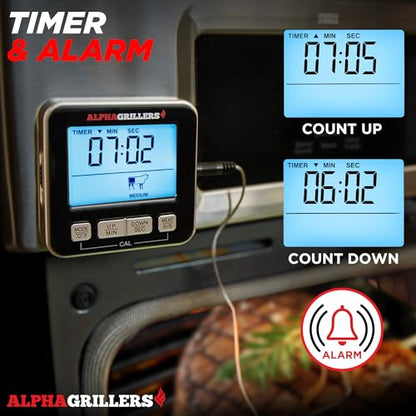 Alpha Grillers 육류 온도계 디지털 - 음식 요리, 그릴링, BBQ 스모커용 주방 오븐 온도계 - 7가지 사전 설정 온도 알림, 타이머, 알람 및 스테인리스 스틸 온도 탐침