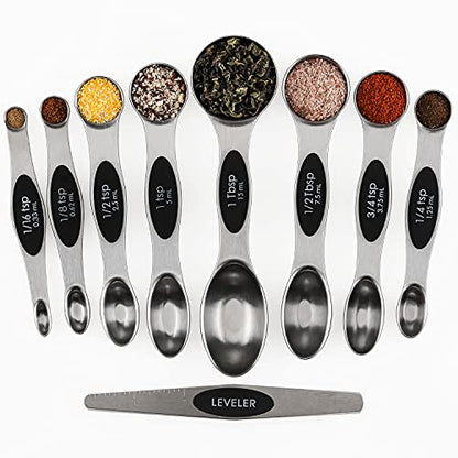 Magnetic Measuring Spoons Sets of 9 Stainless Steel Dual Sided Stackable Teaspoon Tablespoon Spoon for Measuring Dry and Liquid Ingredients - color: Measuring Spoons Set