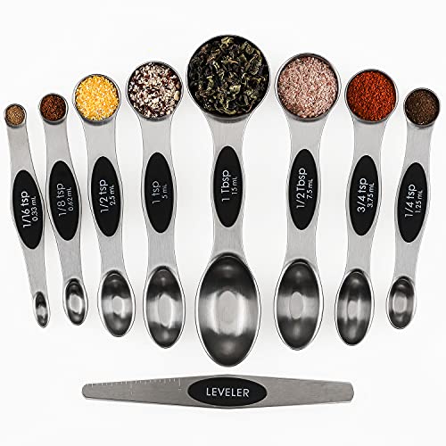 Magnetic Measuring Spoons Sets of 9 Stainless Steel Dual Sided Stackable Teaspoon Tablespoon Spoon for Measuring Dry and Liquid Ingredients - color: Measuring Spoons Set