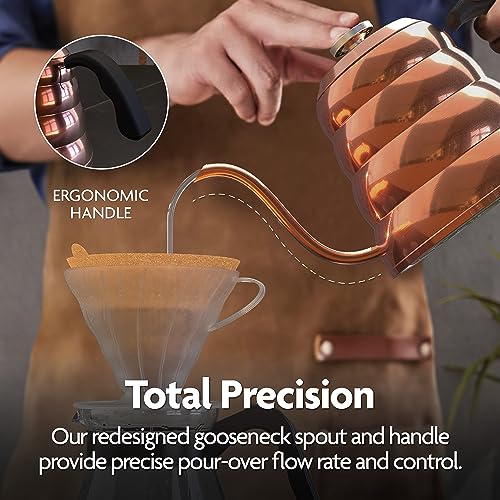 Viante Gooseneck Stovetop Pour Over Coffee Kettle, Built-in Thermometer | Precision spout for drip coffee & tea. Stainless steel with copper finish, 40 fl oz. Works on all cooktops