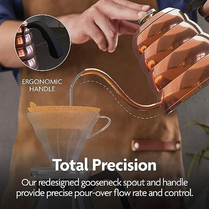 Viante Gooseneck Stovetop Pour Over Coffee Kettle, Built-in Thermometer | Precision spout for drip coffee & tea. Stainless steel with copper finish, 40 fl oz. Works on all cooktops