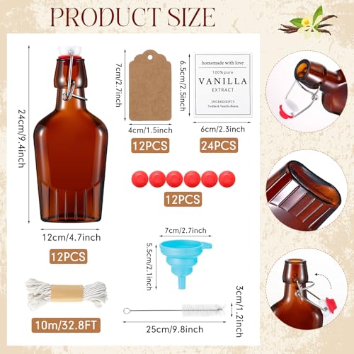 12 Set Swing Top Glass Flask Homemade Vanilla Extract Bottles with Stoppers Stickers Jar Brush Funnel Rope Labels Bottle for Holiday DIY Crafts Christmas Wedding Gifts (Amber,16.6oz) - size: 16.6oz