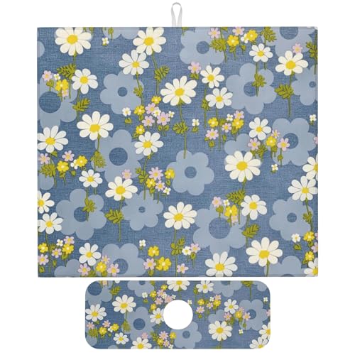 Daisy Flowers Dish Drying Mat for Kitchen Counter, 16"x18" Microfiber Absorbent Fast Dry Mat, 2Pcs Dish Mat Faucet Mats Sets, Large Drying Kitchen Mat Kitchen Drying Pad Coffee Bar Decor Gifts - color: Daisy Flowers, size: 16"X18"