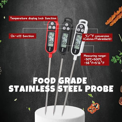 Copkim 12 Pcs Instant Read Meat Thermometer with Long Probe 9.65 Inch Kitchen Cooking Food Candy Waterproof Digital Thermometer for BBQ Water Milk Yogurt Liquid Cooking (Black,White,Red) - color: Black, White, Red