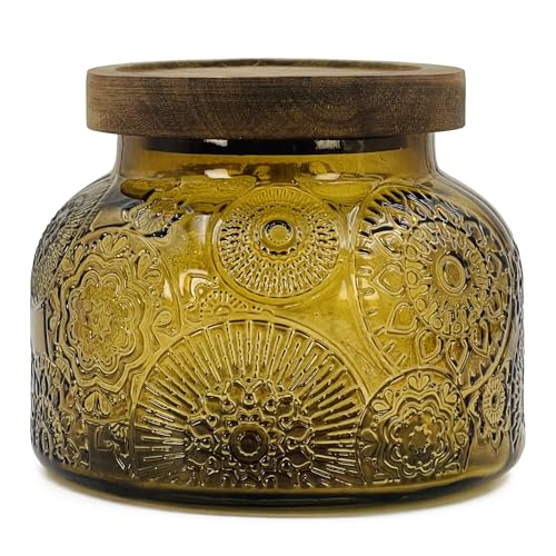 Amber Glass Storage Jar with Airtight Wooden Lid - 25.4 oz Decorative Kitchen Canister for Coffee, Cookie, Candy, Spices & Home Decor - size: 25.4 Ounces, style: Amber Flower