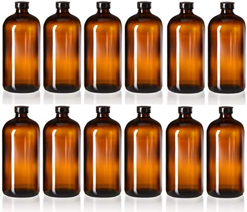 kitchentoolz 32oz Amber Glass Boston Round Bottles with Poly Cone Caps – 12 Pack Leak-Proof Bottles for Brewing, Storage, and DIY Projects - color: Amber, size: Pack of 12
