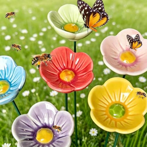 Bee Watering Station for Garden,Ceramic Bees Cups Outdoor Feeder,Flower Shaped Bee Watering Station Bird Bath Water,Butterfly Drinking Cup Bees Bath Bowl Gardens Stakes (Blue, Purple, Pink)