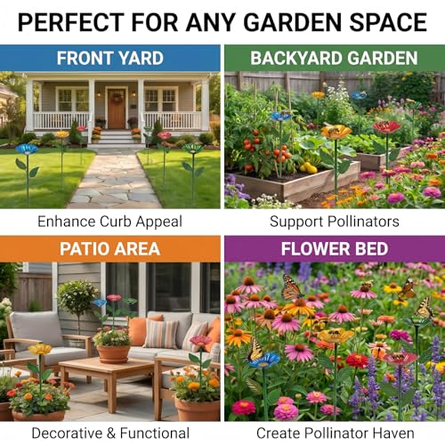 Bee Watering Station for Garden,Metal Bee Bath with Flower Design,Colorful Pollinator Watering Station,4-Pack