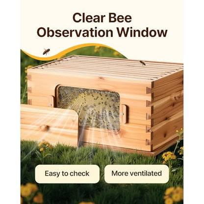 Happybuy Bee Hive 20 Frame Starter Kit - Premium Fir Wood with Beeswax Coating. Includes 1 Deep + 1 Medium Bee Boxes. Langstroth Beehive with Transparent Acrylic Windows and Foundations.