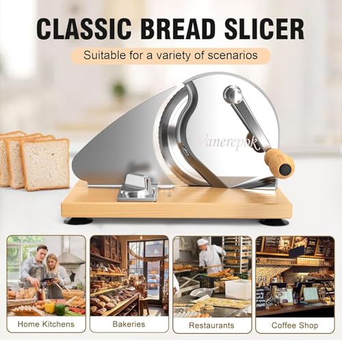 vanerepok Manual Bread Slicer Adjustable Thickness for Homemade Sourdough | Hand Crank Bread Cutter with Scale & Stable Suction Cups & Wood Base for Even Slicing Perfect Baking Gift for Home Bakers - color: Silvery-white