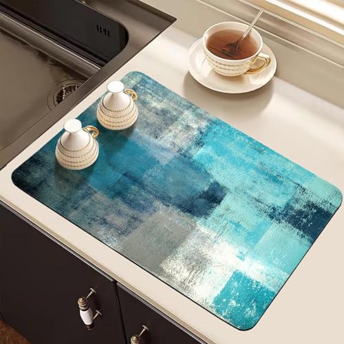 Dish Drying Mat for Kitchen Counter, Teal and Grey Abstract Art, Absorbent Quick Dry Pad with Rubber Backing, Draining Mat Dish Rack Pad for Dishes, Utensils, Countertops, Sinks 12" x 20 - color: Teal and Grey