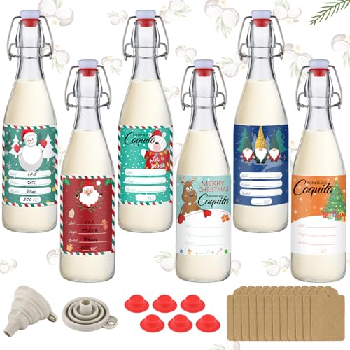 Sieral 6 Set Coquito Bottles 16 oz Christmas Swing Top Glass Bottles Flip Top Brewing Bottle for Vanilla Extract Homemade with Christmas Label Stickers Home Brewing Coquito Beverages Liqueur - color: Christmas