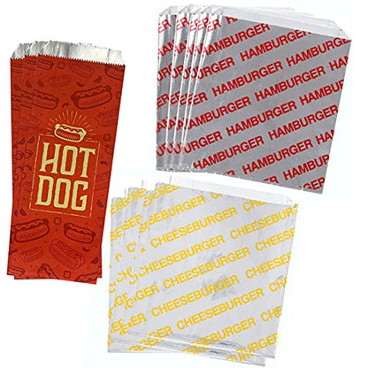 Outside the Box Papers Printed Foil Hamburger, Cheeseburger and Hot Dog Sacks 24 Each of Hamburger and Cheeseburger and 48 Hot Dog Bags Silver, Red, Yellow