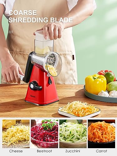 Rotary Cheese Grater with Handle, Reemix Vegetable Cheese Shredder Slicer Grater for Kitchen 3 Changeable Blades for Cheese Potato Zucchini Nuts Chocolate (Red) - color: Red