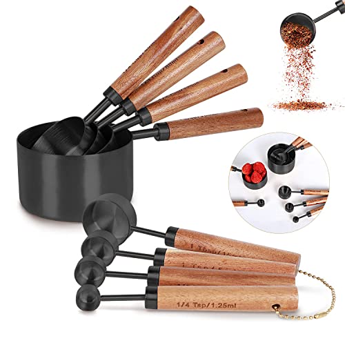 8-Piece Black Measuring Cups and Spoons Set, Stainless Steel Kitchen Measuring Set with Acacia Wood Handles for Baking and Cooking - color: Black