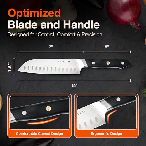 ARVELLO Santoku Knife - 7-Inch Japanese-Style All Purpose Knife for Home Cooks & Professional Chefs - German High Carbon Stainless Steel Blade, Full Tang, G10 Handle, Ultra-Sharp Edge