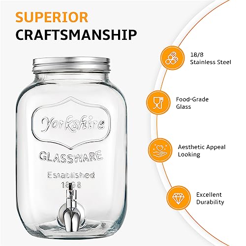 2 Gallon Glass Beverage Dispenser with Stand and Lid, 18/8 Stainless Steel Spigot - Glass Drink Dispensers for Parties - Mason Jar Drink Dispensers with Lids - size: 2 Gallon With Stand