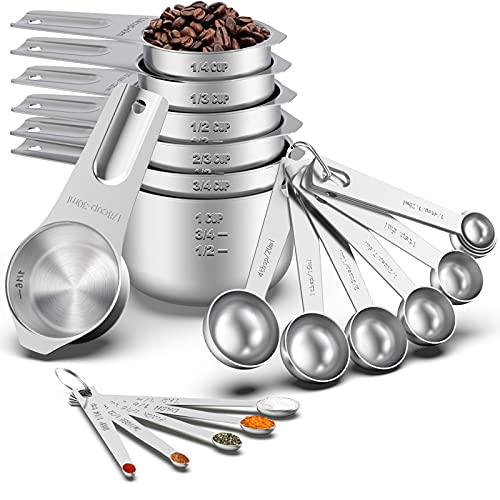 21 Pcs Stainless Steel Measuring Cups and Spoons Set, Wildone Stackable Metal Measuring Cups and Spoons for Cooking & Baking, Includes 7 Cups, 9 Spoons and 5 Mini Spoons - color: Silver