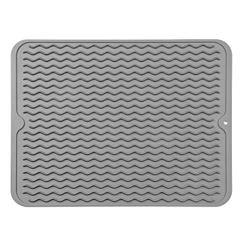 MicoYang Silicone Dish Drying Mat, Grey, 16"×12" | Quick-Dry Ridges, Heat-Resistant Trivet to 450°F, Non-Slip & Dishwasher Safe, Roll-Up Storage, 18 Colors & 9 Sizes Available - color: Gray, size: 16"L x 12"W