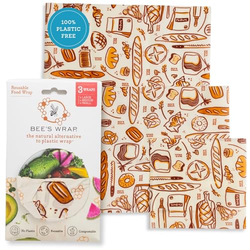 Bee's Wrap Beeswax Wraps for Food - 3 Pack of Assorted Beeswax Wraps - Small, Medium & Large Wrap - Plastic Free Made in USA Reusable Natural Food Wrap - Bakery Lane Print - style: 3 Pack (Bakery Lane)