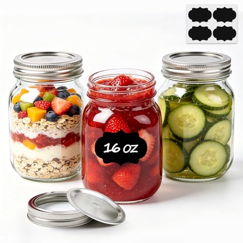 ComSaf 16 oz Regular Mouth Mason Jars, 3-PCS Safety-Button Lids | Button seal indicator/airtight, Pint soda-lime glass, BPA free, Canning safe, Freezer/dishwasher safe, Meal Prep Storage