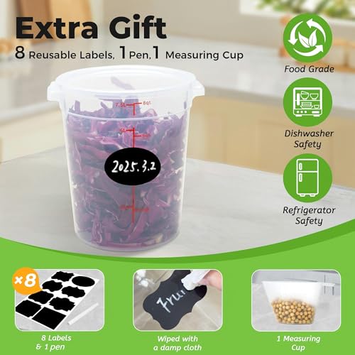 BIEAMA 4 Pack 8 Qt Round Food Storage Containers with Lids, Translucent PP | Include lids, labels, measuring cups and containers with capacity markings for food prep, pantry storage and dough proofing. - color: 8Qt Round-4 Pack