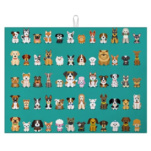 Cute Dogs Dish Drying Mat for Kitchen Counter Microfiber Absorbent Dish Cartoon Kitchen Drying Mat Draining Reusable Washable for Dishes/Utensils/Countertops/Sinks