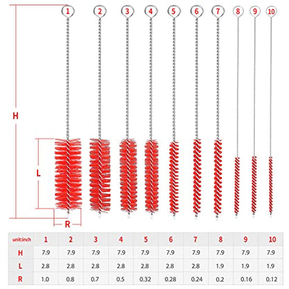 CiaraQ Bottle Cleaning Brushes, 8 Inch Nylon Tube Brush Set | Red Cleaner for Narrow Neck Bottles Cups with Hook, Set of 10pcs. - color: Red, size: 8.0 Inch (10pcs)