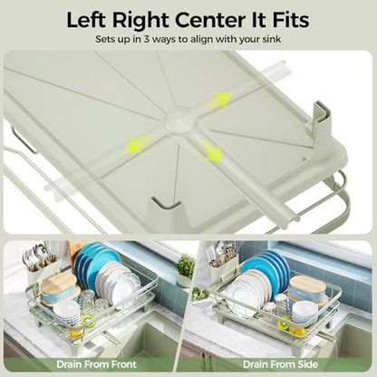 Urackify Dish Drying Rack for Kitchen Counter, Sink Dish Rack with Drainboard, Large Dish Drainer with Cups Holder, Home Countertop Plate Dryer Storage Rack with Cutlery Holder, Soft Celery Green - color: Soft Celery Green