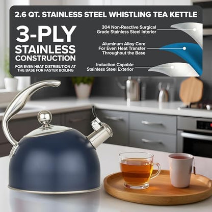 Viking 3-Ply Stainless Steel Tea Kettle, 2.6 Quart Stovetop Hot Water Pot with Tempered Glass Lid, Ergonomic Handle, Induction Ready, Slate and Blue - color: Slate Blue
