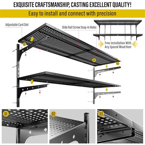 Aecxm 1pack×2 Tier 1.3x4ft Garage Shelving Wall Mounted, 260lbs Load Capacity，15.6x48inch per Shelf Height Cassette Adjustable Floating Shelves, Black - color: Black, size: 2pack-1.3x4ft