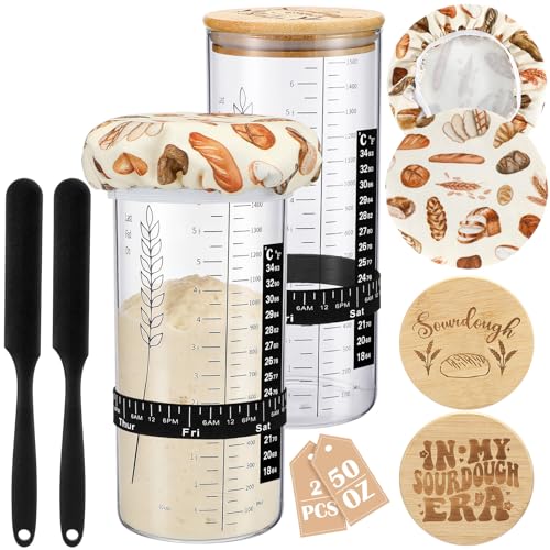 Teecyhooo 2 Set Sourdough Starter Jar Kit, Wide Mouth Fermentation Baking Jar with Spatula, Cloth Cover & Bamboo Lid, Band, Date Tracker, Sourdough Bread Supplies for Sour Dough Lover(50 oz,Style A) - size: 50 oz