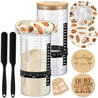 Teecyhooo 2 Set Sourdough Starter Jar Kit, Wide Mouth Fermentation Baking Jar with Spatula, Cloth Cover & Bamboo Lid, Band, Date Tracker, Sourdough Bread Supplies for Sour Dough Lover(50 oz,Style A) - size: 50 oz