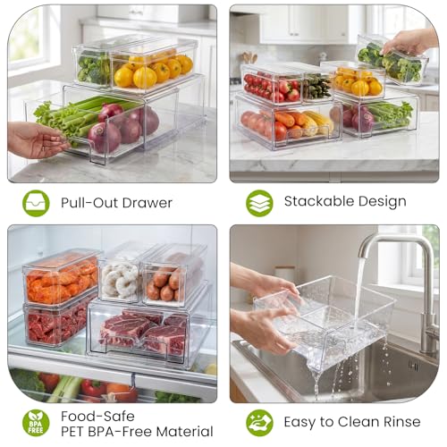 6Pack Fridge Organizers and Storage,Stackable Fridge Organizer Bins with Lids, 2 Pull Out Fridge Organizers and 4 Storage Container with Drain Tray for Fruits, Vegetables, Drinks, Snack and Food
