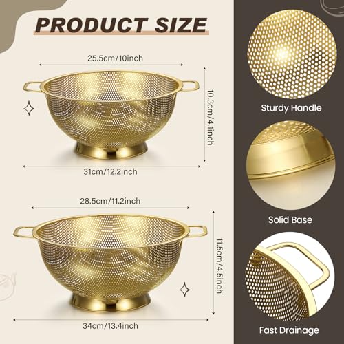 Baderke 5 Pcs Gold Strainers and Colanders Set Including 4/5 Quart Stainless Steel Colanders with Handles and 3 Pcs Fine Mesh Strainers for Kitchen Draining Rinsing Pasta Vegetables Rice