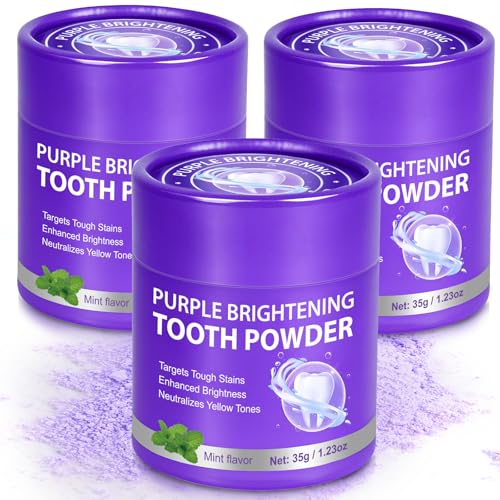 3Pcs Purple Teeth Whitening Powder - Purple Brightening Powder - Removes Stains, No Sensitivity - Toothpaste Power - for Coffee, Tea and Food Stains - Fresh Mint Flavor, Breath Freshener - size: 1.23 Ounce (Pack of 3)