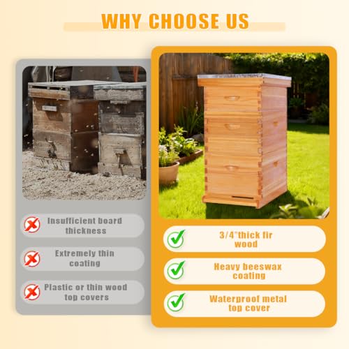 POLLIBEE 8 Frame Beehive Starter kit, Beeswax Coated Hive for Beekeeper, Langstroth Bee Hives Include 2 Deep and 1 Medium Bee Box with Bee Frames and Foundations(Unassembled) - size: 8 Frame-3L