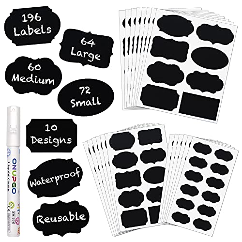 ONUPGO Chalkboard Labels Stickers Bulk - 196 Reusable Chalk Sticker Labels with Erasable Chalk Maker, Removable Waterproof Blackboard Labels for Containers, Glass, Mason Jar Labels | Removable, Waterproof, Reusable Chalk Labels, For Storage Bins & Food Co