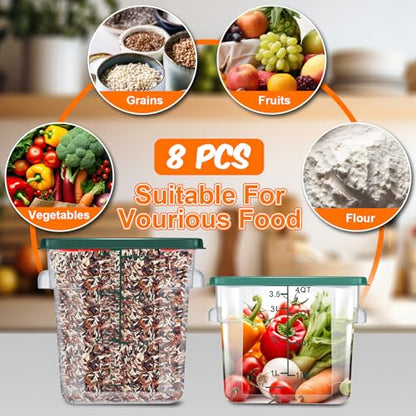Suclain 8 Pack 4 QT and 6 QT Food Storage Containers with Lids Scales Handles Square Clear Restaurant Food Storage Containers Polycarbonate Commercial Grade for Kitchen Marinating Meat Dough(Green) - color: Green