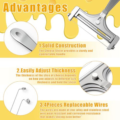 Stainless Steel Wire Cheese Slicer With 4 Extra Wires Adjustable Thickness, Handheld Cheese Cutter Butter Block Cutter for Cheddar, Gruyere, Raclette, Mozzarella Kitchen Slicing Tools