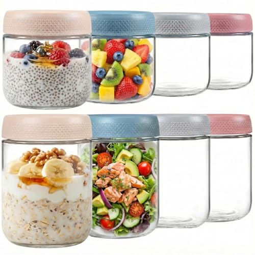ColoVie Glass Meal Prep Jar Set, 8 Pack Overnight Oats Containers with Lids | Food Storage for Snacks, Yogurt, Spice, Salad, Chia Seed Pudding Jars, Wide Mouth Mason Jars with Airtight Lids, 16oz 10oz