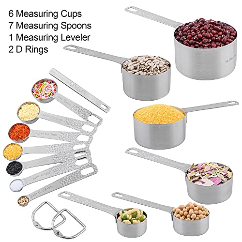 Measuring Cups and Spoons Set of 14, 18/8 Stainless Steel Measuring Cups Spoons Set, 6 Measure Cups and 7 Measure Spoons with Leveler - color: B: Siliver-cups+spoons