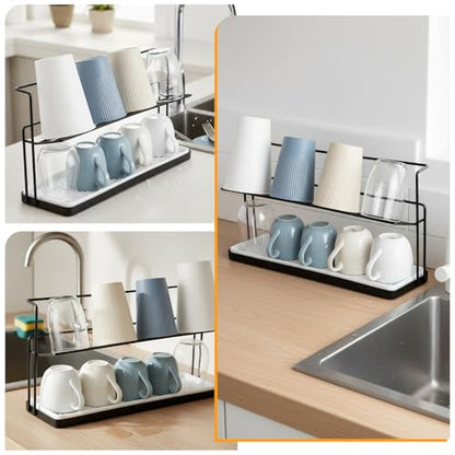 2-Tier Bottle Drying Rack Cup Cradle Storage with Drain Removable Tray Mug Organizer Over Sink Instant Dry Small Dish Dryer for Kitchen Countertop Water Bottles and Tumblers,Coffee Mugs, Glasses 15.7“
