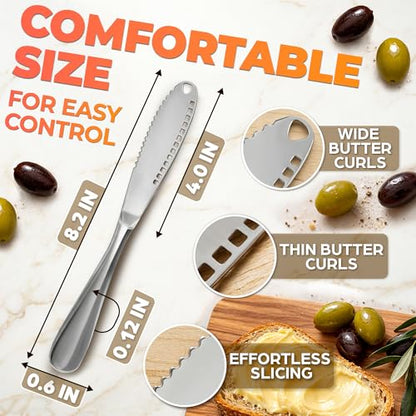 DIMROM 3 in 1 Butter Knife for Hard Butter Set of 2 with Micro-Grater Blade | 2 Pcs Cold Butter Knife Spreader with Holes in Blade, Stainless Steel Body, Dishwasher Safe, Spreads Soft Cheese and Jam