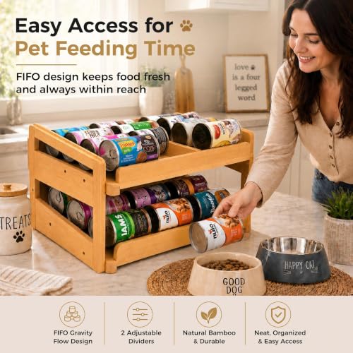 MinBoo Bamboo FIFO Can Organizer for Pantry, 24-Can Gravity Dispenser with Adjustable Dividers, Freestanding Wood Canned Food Storage Rack for Soup, Soda and Pet Food, 15.5" W x 11.6" D x 9.4" H
