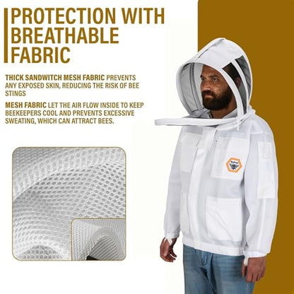 Bee Jacket Mesh Ventilation for Professional Beekeeper's Total Protection - Light Weight - YKK Zipper with Carring Bag 2 Veil Options (Fencing & Round) BP-401 (White - L) - color: White, size: L