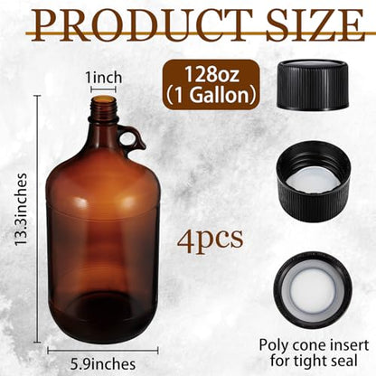 Maxdot 4 Pack 1 Gallon Glass Fermentation Jug with Airtight Lid, 128 oz Amber Glass Carboy with Handle for Kombucha, Beer Brewing, Wine Making, UV Protection - size: 1 Gallon