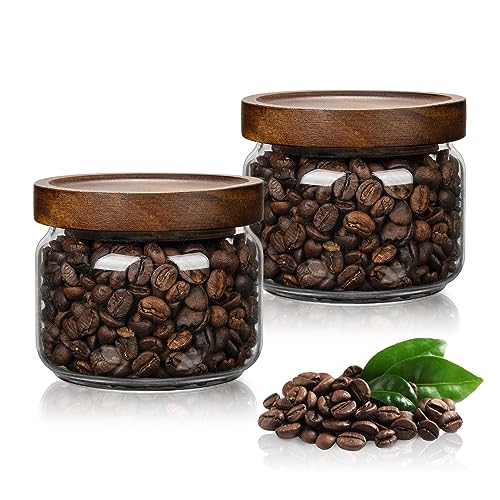 2PCS Small Glass Storage Jars with Airtight Lids, 11 fl oz (300ml) coffee container with Wooden Lid, Glass Pantry Canister for Beans, Rice, Sugar and etc - color: clear -（2PCS，11FL OZ/300ML）